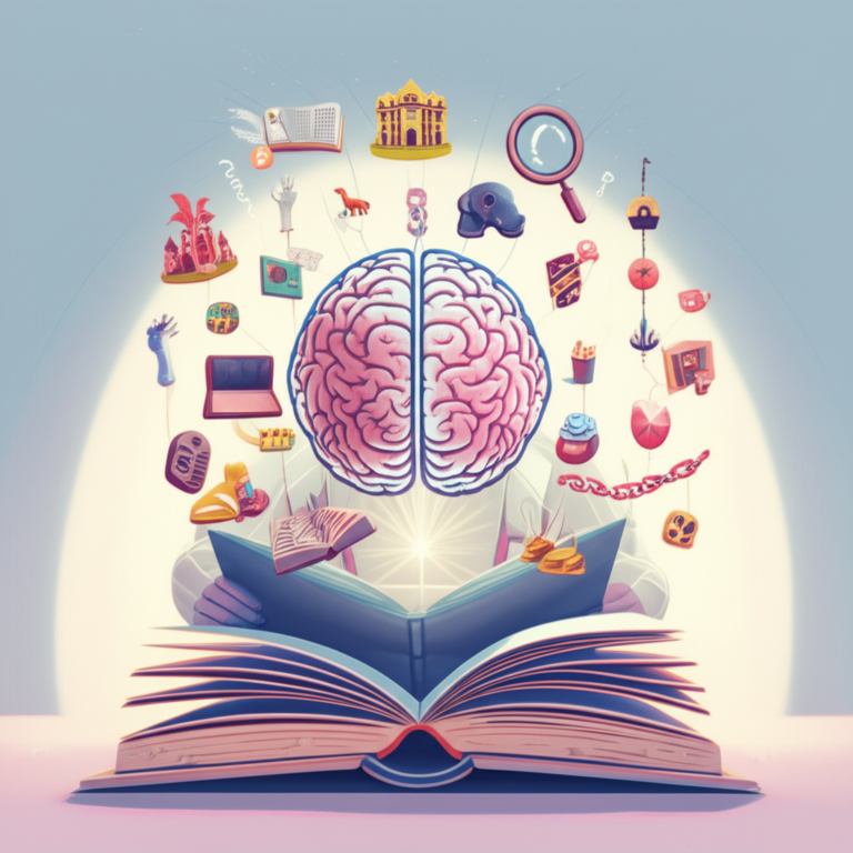 Ilustração de um leitor praticando metaleitura enquanto utiliza técnicas mnemônicas como palácio da memória, ícones simbólicos e magnifying glass sobre o texto.