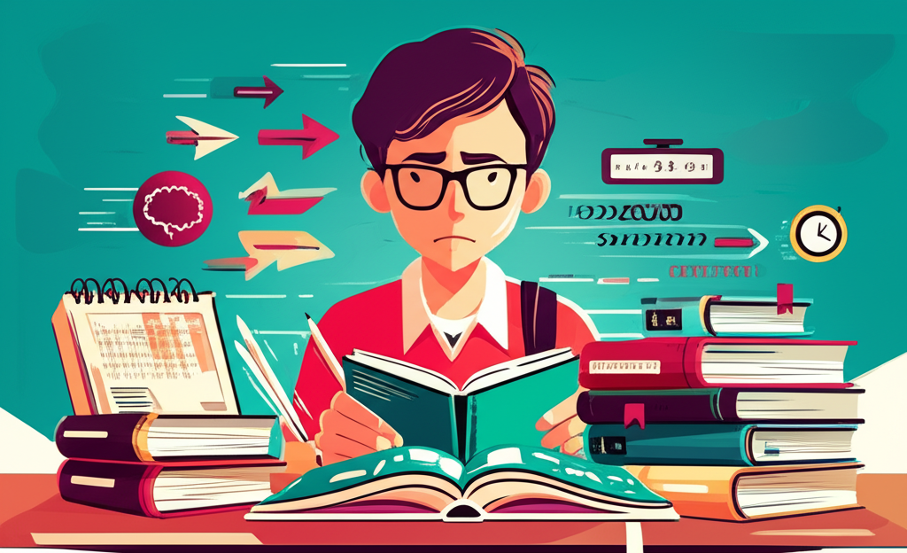 Jovem estudando para concursos usando técnicas de leitura dinâmica, cercado de livros e símbolos de velocidade.