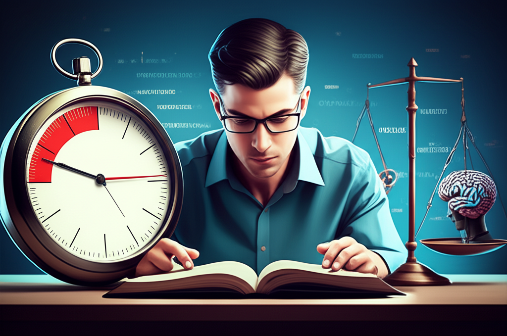 Ilustração de uma pessoa lendo rapidamente enquanto enfrenta obstáculos que representam os limites da leitura dinâmica, como palavras desfocadas, relógio e labirinto de texto.
