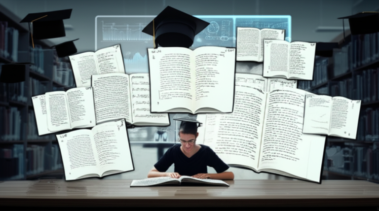 Ilustração de um estudante de pós‑graduação praticando metaleitura, com livros e telas flutuantes cheios de anotações e diagramas.