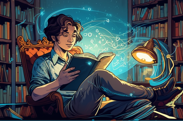 Pessoa lendo um livro volumoso em uma biblioteca, rodeada por linhas de velocidade e palavras que simbolizam leitura dinâmica.