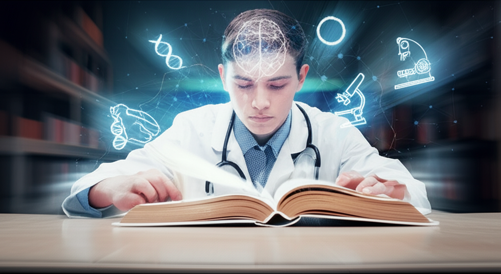 Estudante de medicina lendo rapidamente um livro de anatomia, cercado por ícones de DNA, coração e estetoscópio que simbolizam leitura dinâmica.