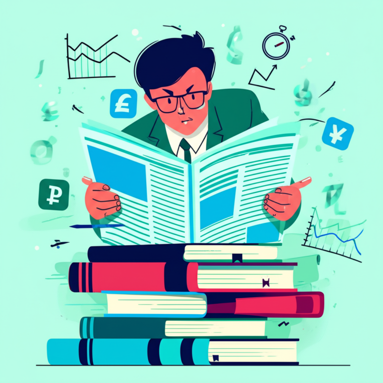 Pessoa lendo rapidamente textos de economia com ícones de gráficos e cronômetro ao fundo