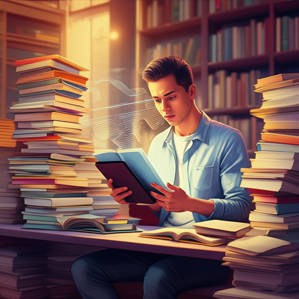 Pesquisador de pós‑doutorado praticando leitura rápida com livros, artigos científicos e tablet