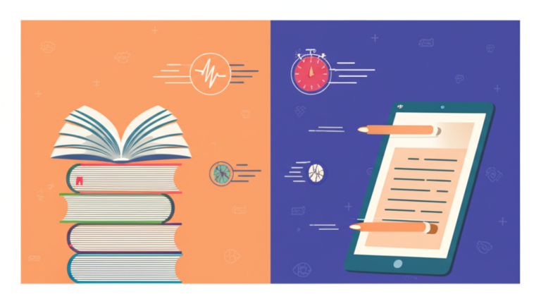 Ilustração dividida comparando leitura rápida em papel (livros) e em telas digitais (tablet) com elementos que sugerem velocidade.