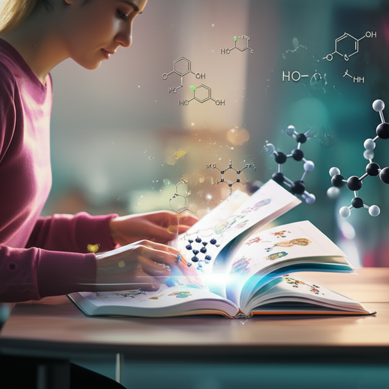 Estudante lendo rapidamente um livro de química orgânica cercado por modelos moleculares.