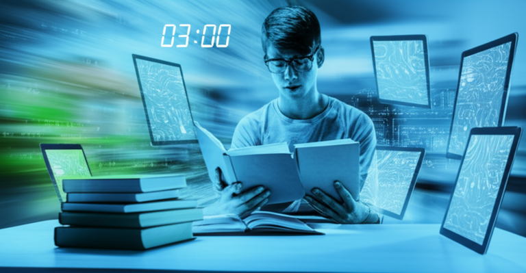 Pessoa lendo rapidamente livros e telas de ciência da computação, com efeitos de velocidade, códigos binários e circuitos ao fundo.