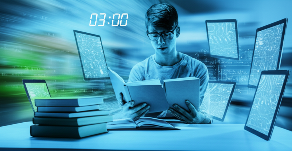 Pessoa lendo rapidamente livros e telas de ciência da computação, com efeitos de velocidade, códigos binários e circuitos ao fundo.