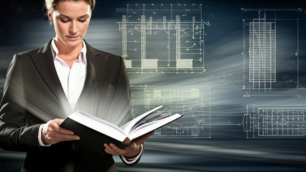 Pessoa lendo rapidamente um livro de engenharia civil, com linhas de movimento e diagramas de pontes e edifícios ao fundo