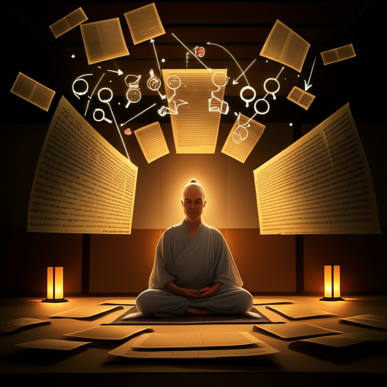 Scholar practicing meta‑reading of Eastern philosophy texts, with layered transparent scrolls and glowing analytical symbols.