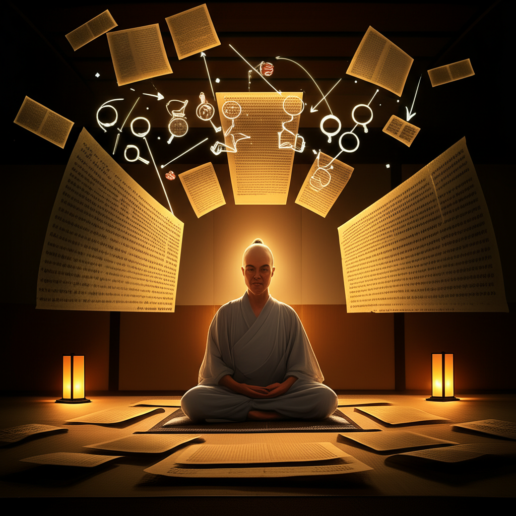 Scholar practicing meta‑reading of Eastern philosophy texts, with layered transparent scrolls and glowing analytical symbols.