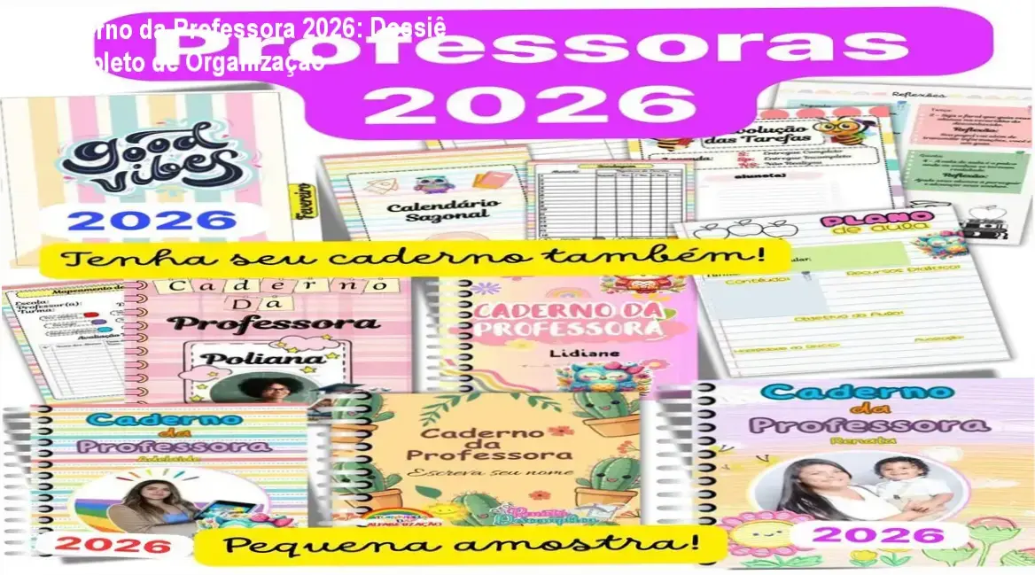 Visão interna do Caderno da Professora 2026 mostrando planners e fichas de sondagem diagnóstica