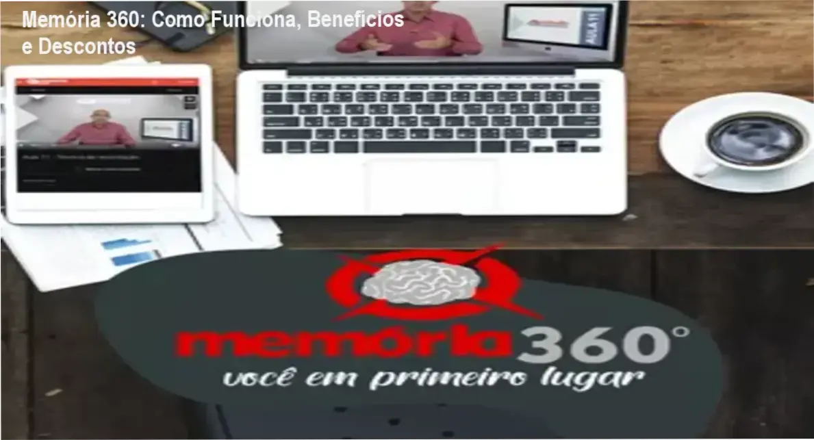 Imagem promocional da Memória 360 destacando técnicas de memorização, leitura dinâmica e cupom de desconto