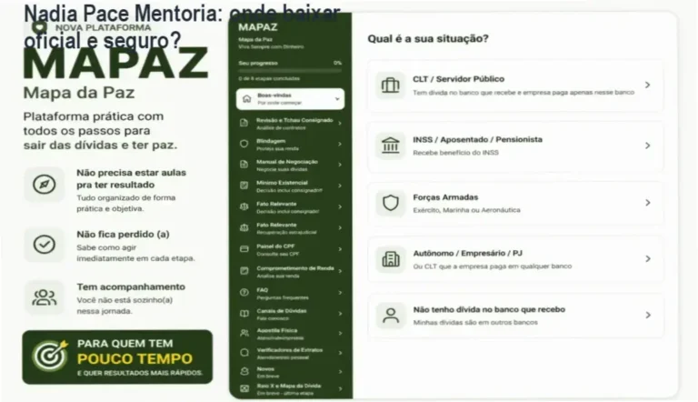 Tela mostrando acesso oficial à Mentoria Nadia Pace com detalhes de download