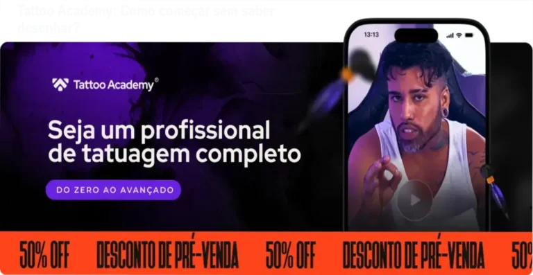 Imagem da plataforma Tattoo Academy mostrando o método de aprendizado para iniciantes sem necessidade de saber desenhar
