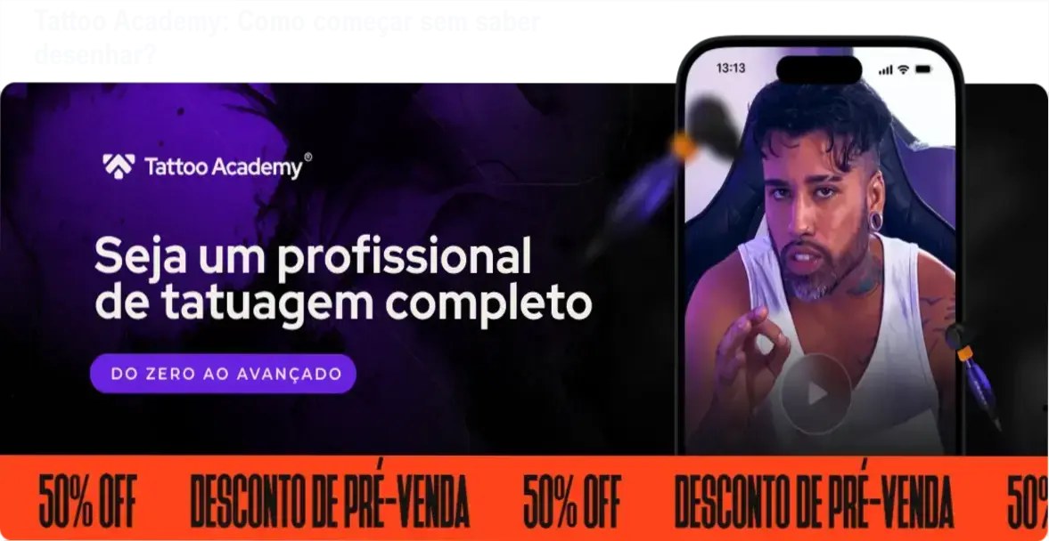 Imagem da plataforma Tattoo Academy mostrando o método de aprendizado para iniciantes sem necessidade de saber desenhar