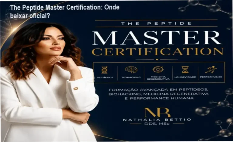 Tela do curso The Peptide Master Certification mostrando certificado e módulo de download oficial