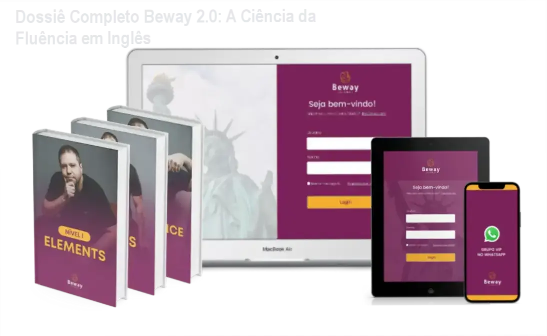 Interface do curso Beway 2.0 com guia de estudos para fluência em inglês
