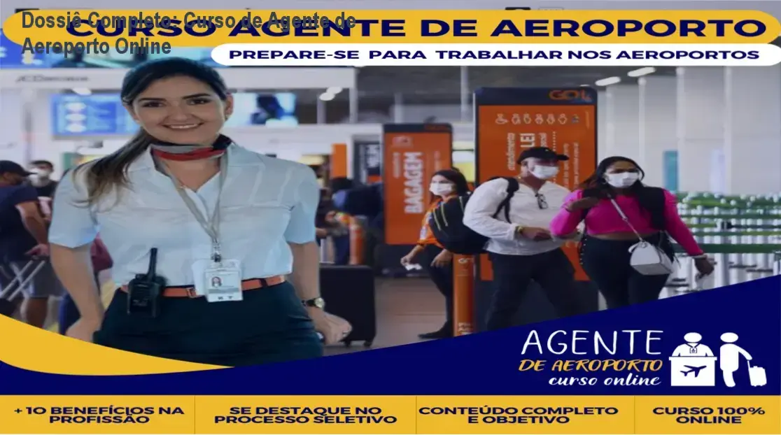 Infográfico do Curso de Agente de Aeroporto Online destacando módulos de capacitação e guia de empregabilidade