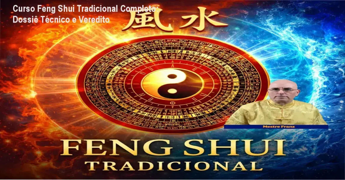 Módulos do Curso de Feng Shui Tradicional Completo mostrando análise de planta baixa e cálculos das escolas San He e San Yuan