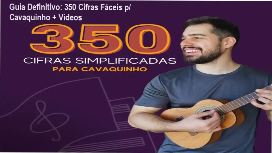 Capa da Mega Apostila de Cavaquinho do Victor Cazzoli mostrando 350 cifras simplificadas em formato de tabela com links para videoaulas.