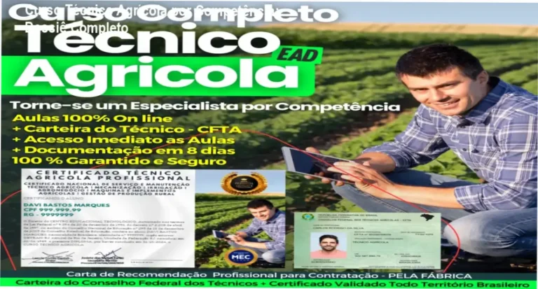 Interface do Curso Técnico Agrícola por Competência apresentando módulos de gestão rural e mecanização