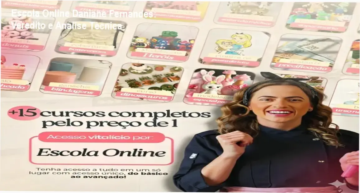 Interface da plataforma Escola Online Daniane Fernandes detalhando módulos de confeitaria artística e gestão de negócios