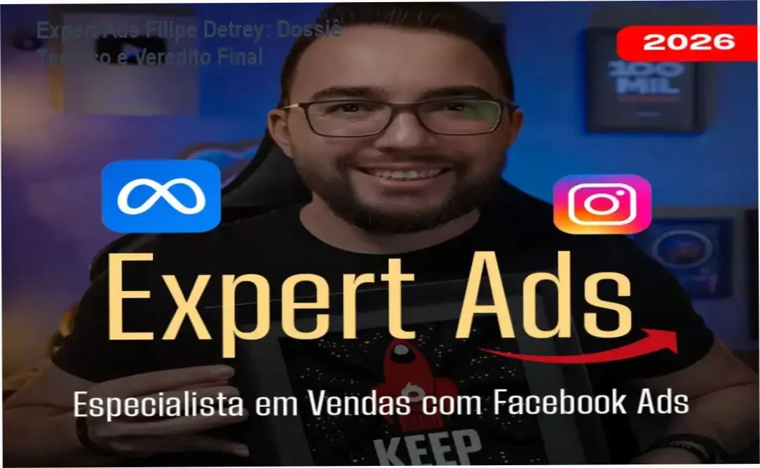 Interface do treinamento Expert Ads de Filipe Detrey com foco em tutoriais de contingência e escala de anúncios