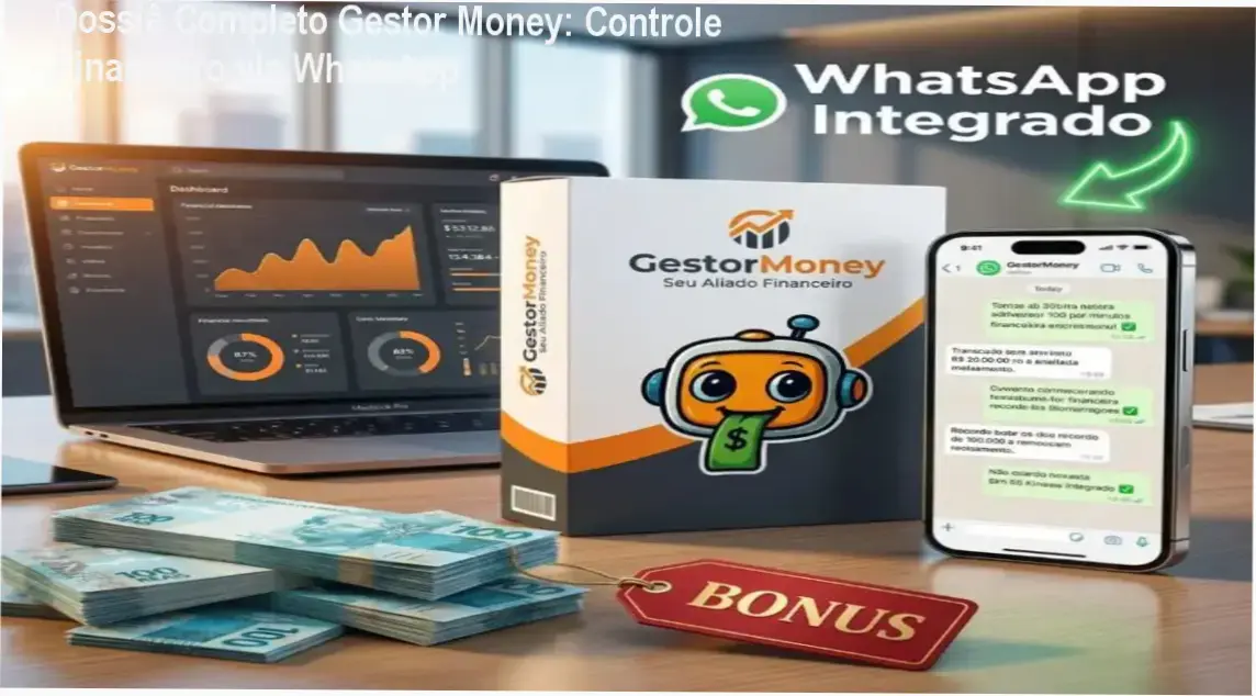 Interface do Gestor Money demonstrando o controle financeiro via WhatsApp e painel de indicadores